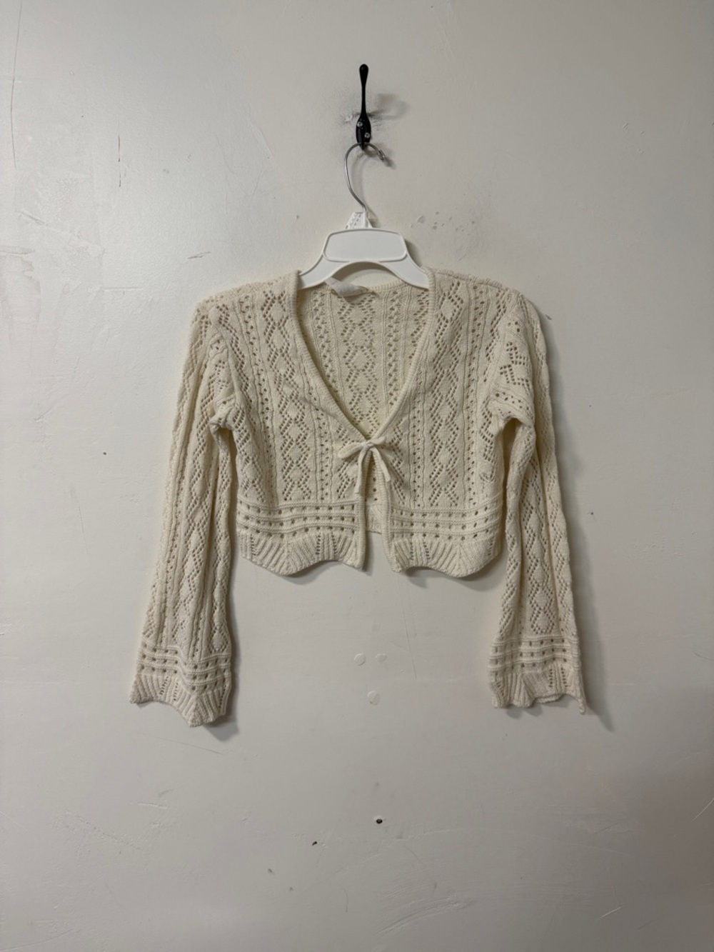 Tie-Front Cream Openwork Cropped Cardigan